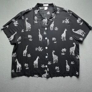 VTG Paradiso Women 2X Beaded Giraffe Safari Animal Print Rayon‎ Button Up Shirt